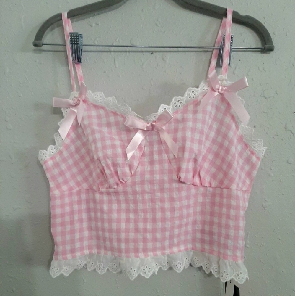 ROMWE Pink Gingham Crop Top